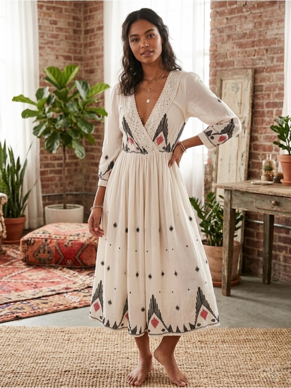 Free People Romantics Boho bohemian Aztec Ivory and Black Midi Dress XS/S